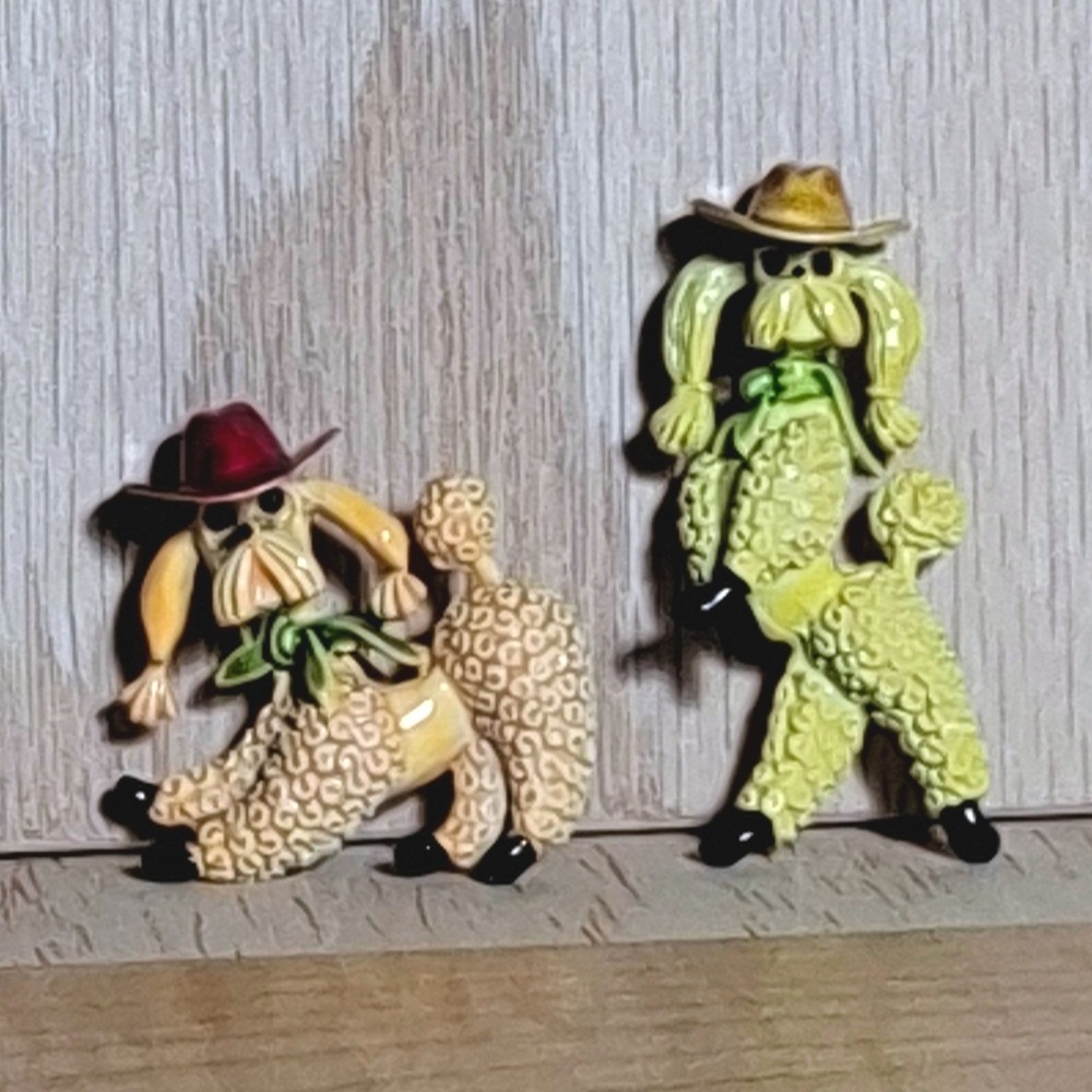 Vintage JJ Jonette Jewelry Cowboy Poodle Pin Brooch Set Signed Enamel